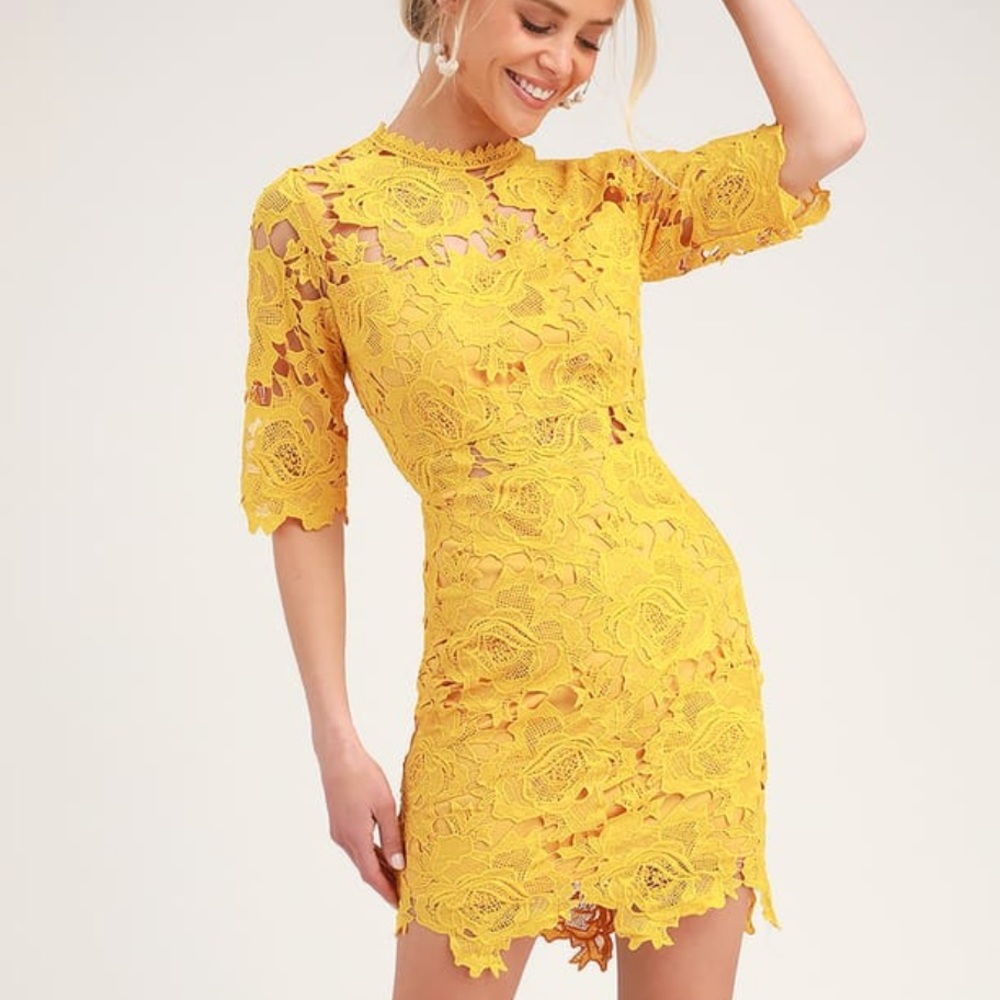 A Fine Romance Golden Yellow Lace Sheath Dress